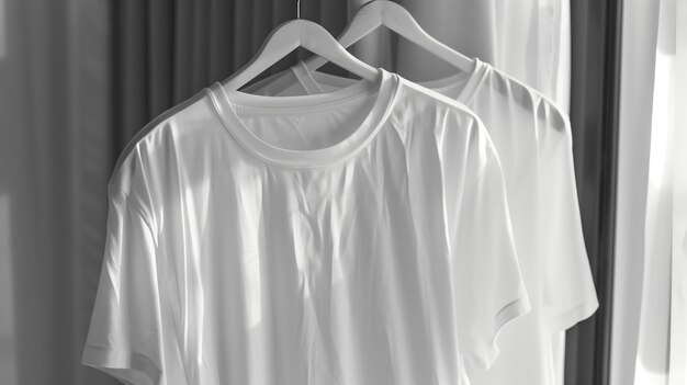 Two white tshirts hanging on hangers in a minimalist setting