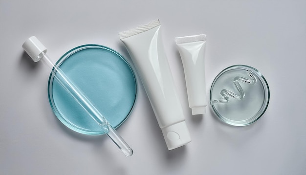 Two White Tubes with Petri Dishes and Blue Liquid for Skincare Presentation