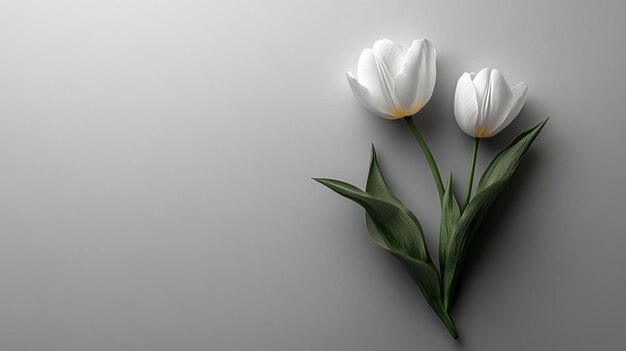 Photo two white tulips with green stems and leaves on a gray background