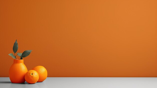 Two whole oranges beside an orange vase with leaves presented on a matching orange background