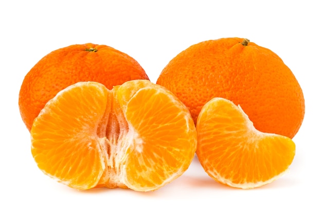 Two whole tangerines and peeled on white, isolated.