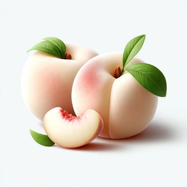 Two whole white peaches and one peach slice