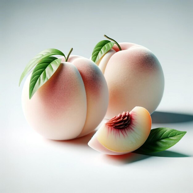 Two whole white peaches and one peach slice