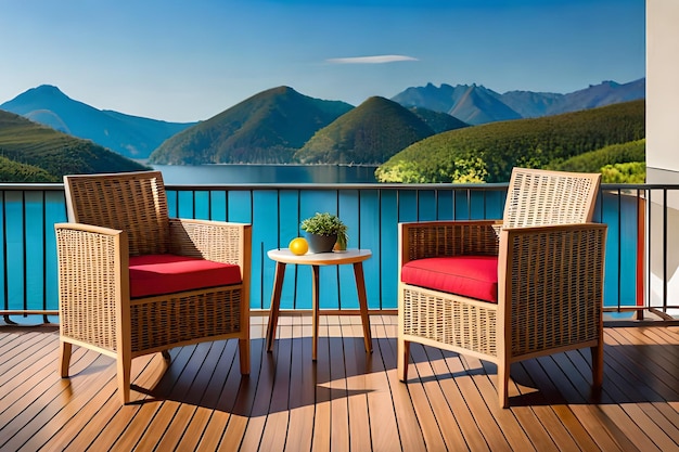 Two wicker chairs on a balcony with mountains in the background.