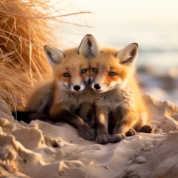 Two wild baby red foxes cuddling