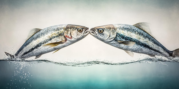 Two wild fish kissing underwater with copy space generative ai