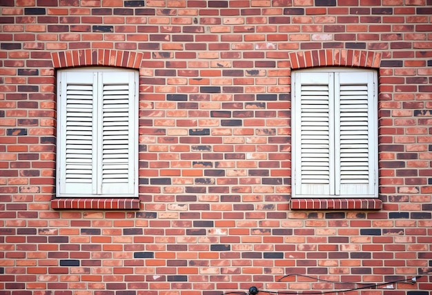 two windows with shutters on a brick wall