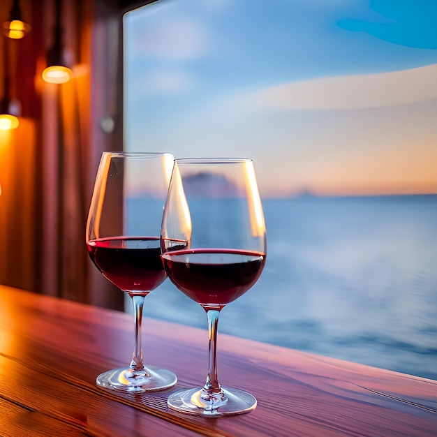 Two wine glasses are on a bar with a view of the ocean in the background Summer