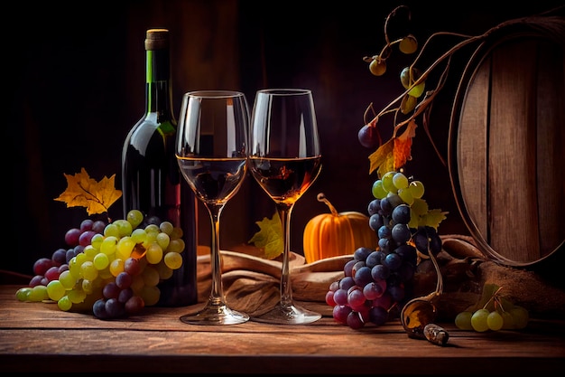 Two wine glasses next to each other on a wooden table next to a bottle of wine and a bunch of grapes