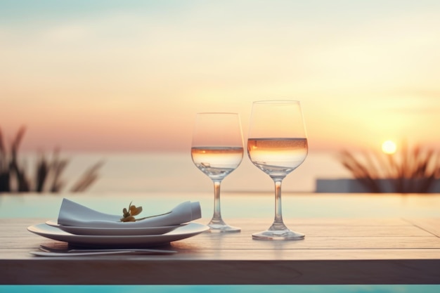 Two wine glasses and elegant dinner setup against a breathtaking seaside sunset