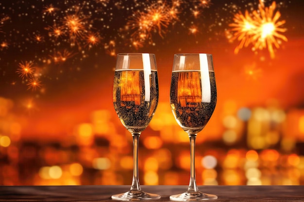 Two Wine Glasses On Orange Background Of Fireworks With Empty Space Generative AI