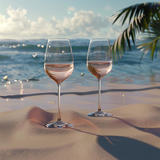 Photo two wine glasses resting on the sand by the ocean