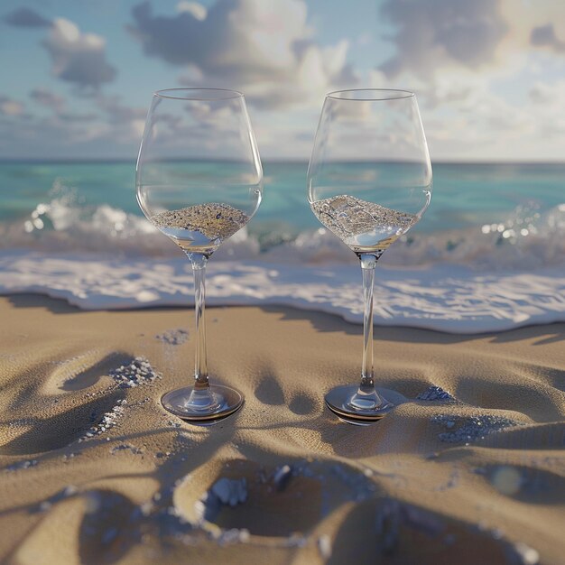 Photo two wine glasses resting on the sand by the ocean