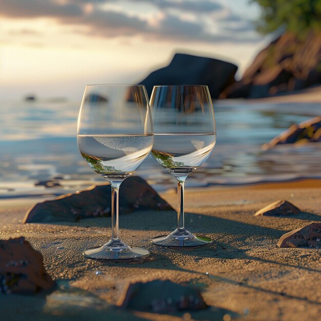 Photo two wine glasses resting on the sand by the ocean