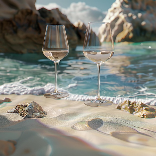 Photo two wine glasses resting on the sand by the ocean