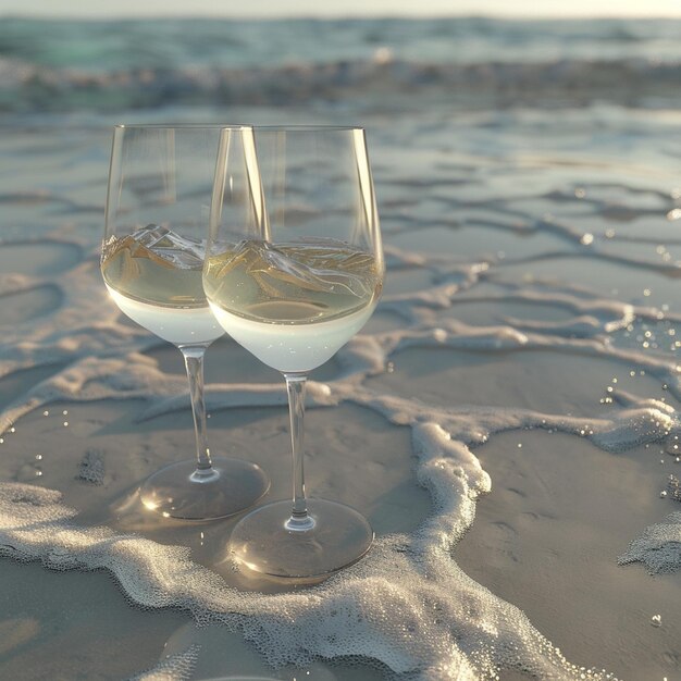 Photo two wine glasses resting on the sand by the ocean