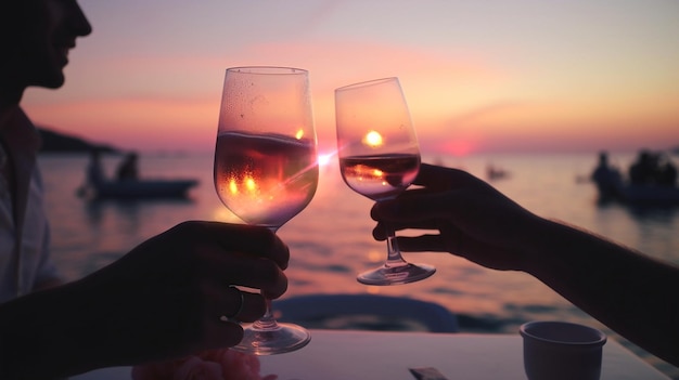 Two wine glasses toasting with the sunset in the background