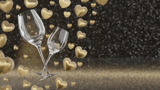 Two wine glasses with hearts on the bottom and the words love on the bottom.