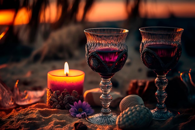 Two wine glasses with red wine on the beach Concept Valentine's Day concept Generative AI