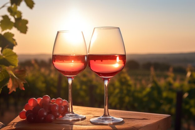 Two wine glasses with red wine on a table with a bunch of grapes vineyard at dawn