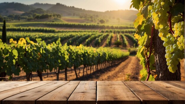 Two wine glasses on a wooden table overlooking a vineyard at sunset