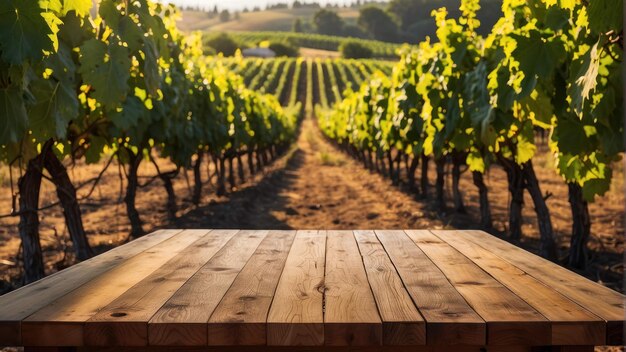 Two wine glasses on a wooden table overlooking a vineyard at sunset