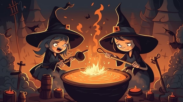 Two witches cooking over a fire in front of a cauldron.