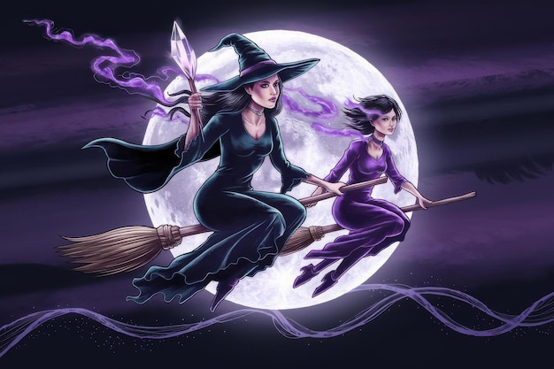 Two Witches Flying Broomsticks Full Moon witches fantasy magic Halloween Halloweenthemed