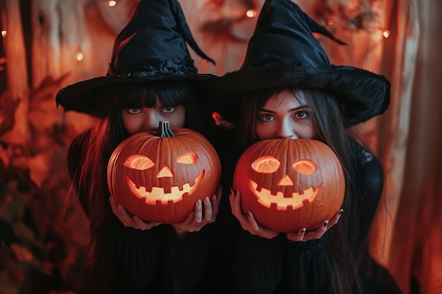 Photo two witches with halloween pumpkin head