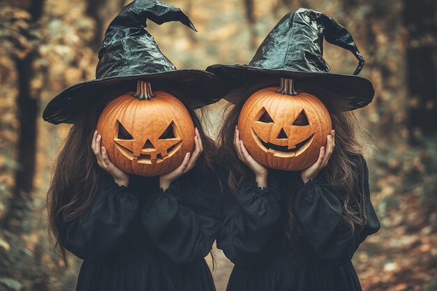 two witches with halloween pumpkin head