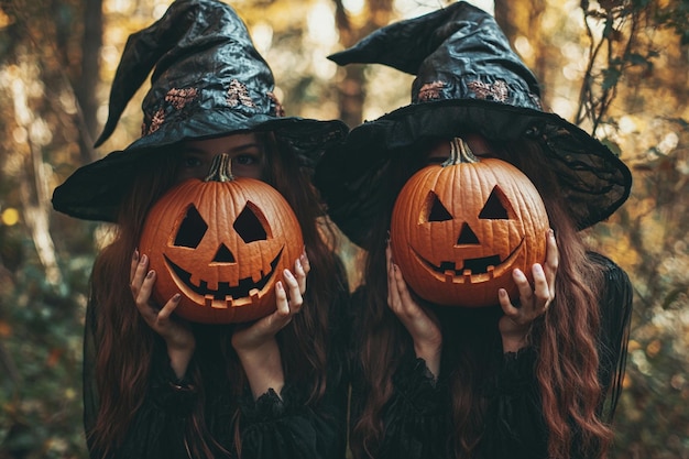 Photo two witches with halloween pumpkin head