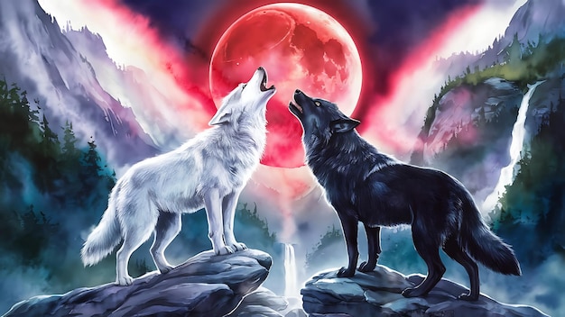 two wolfs are shown in this painting one of them is howling at the moon