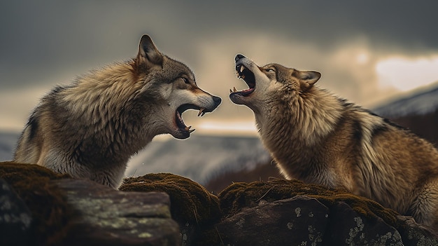 Two wolves having a fight with each other