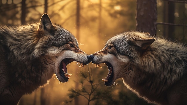 Two wolves having a fight with each other