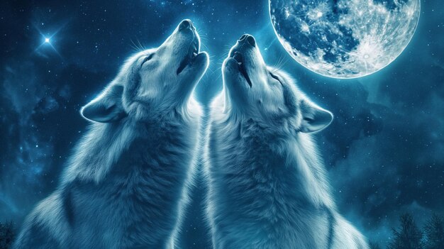 Photo two wolves howling at the moon beautiful sky with stars and moon