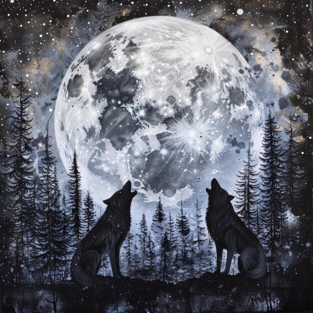 Photo two wolves howling at the moon in a forest clearing