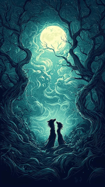 Two Wolves Howling at the Moon in a Magical Forest