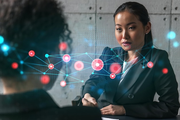 Two woman handshake Abstract tech hologram Multiexposure International business