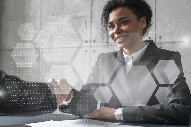 Two woman handshake Abstract tech hologram Multiexposure International business