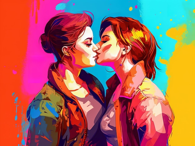 Two woman kissing each other with a splash of the rainbow colors celebrating the LGBT pride day