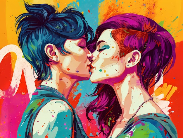 Two woman kissing each other with a splash of the rainbow colors celebrating the LGBT pride day