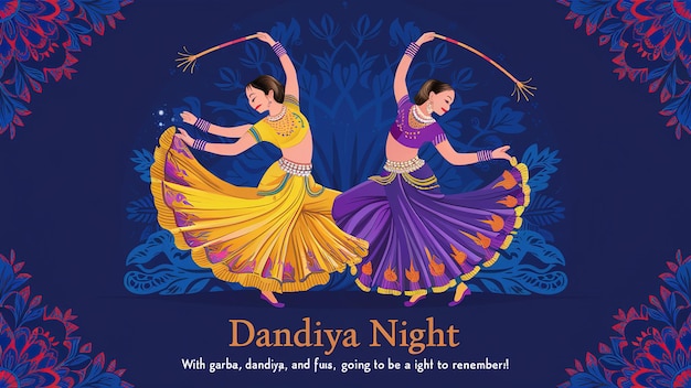 Photo two womans dance with dandiya wearing ganghra choli on decorative blue background generative ai