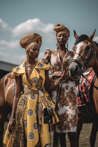 two women in african attire standing next to a horse generative ai