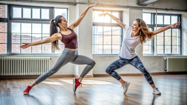 two women are dancing in a room with a radiator behind them