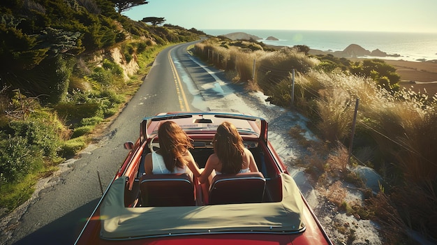 Photo two women are driving in a red convertible down a scenic road with an ocean view