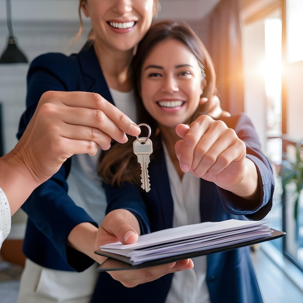 two women are holding keys that say key