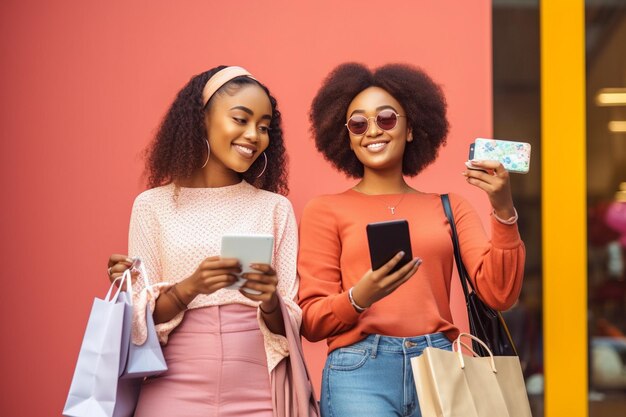 two women are holding shopping bags and one has a phone in her hand