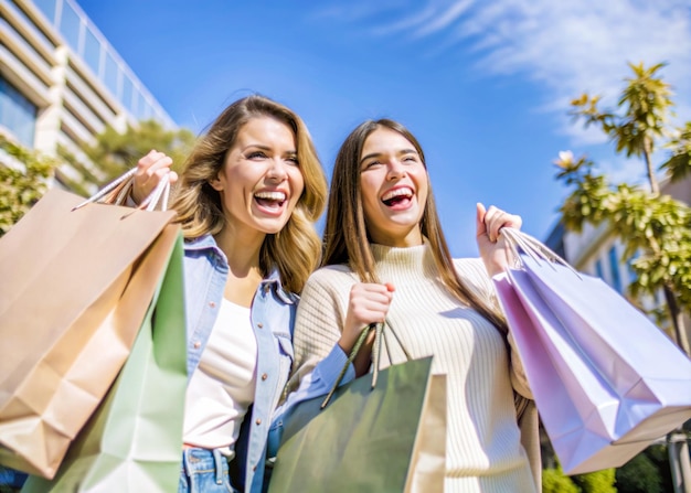 two women are holding shopping bags and smiling and laughing