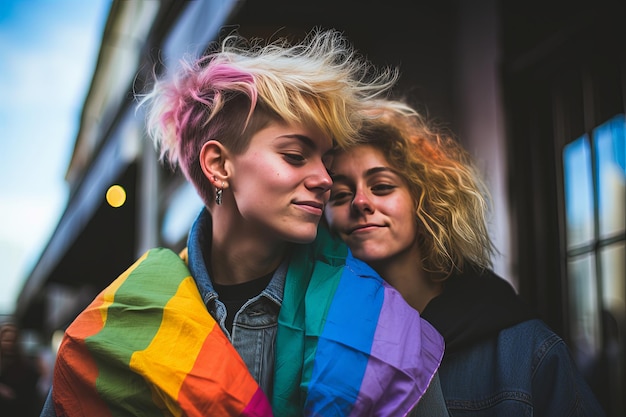 Photo two women are hugging and one has a rainbow colored scarf on her neck