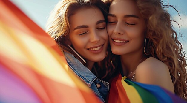 Photo two women are hugging and one is wearing a rainbow colored dress